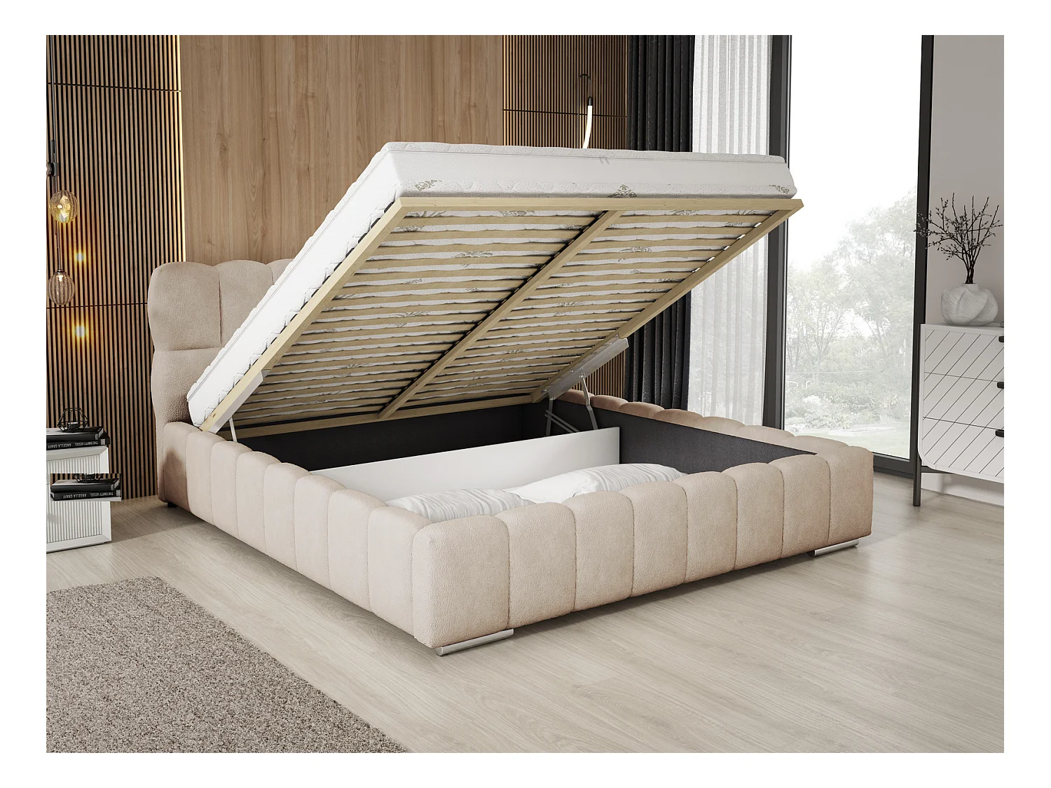 Emporius Avilla lit bouclé 140x200 avec sommier à Lattes, avec rangement - lit rembourré 140 x 200, lit Beige (Anthology 2)