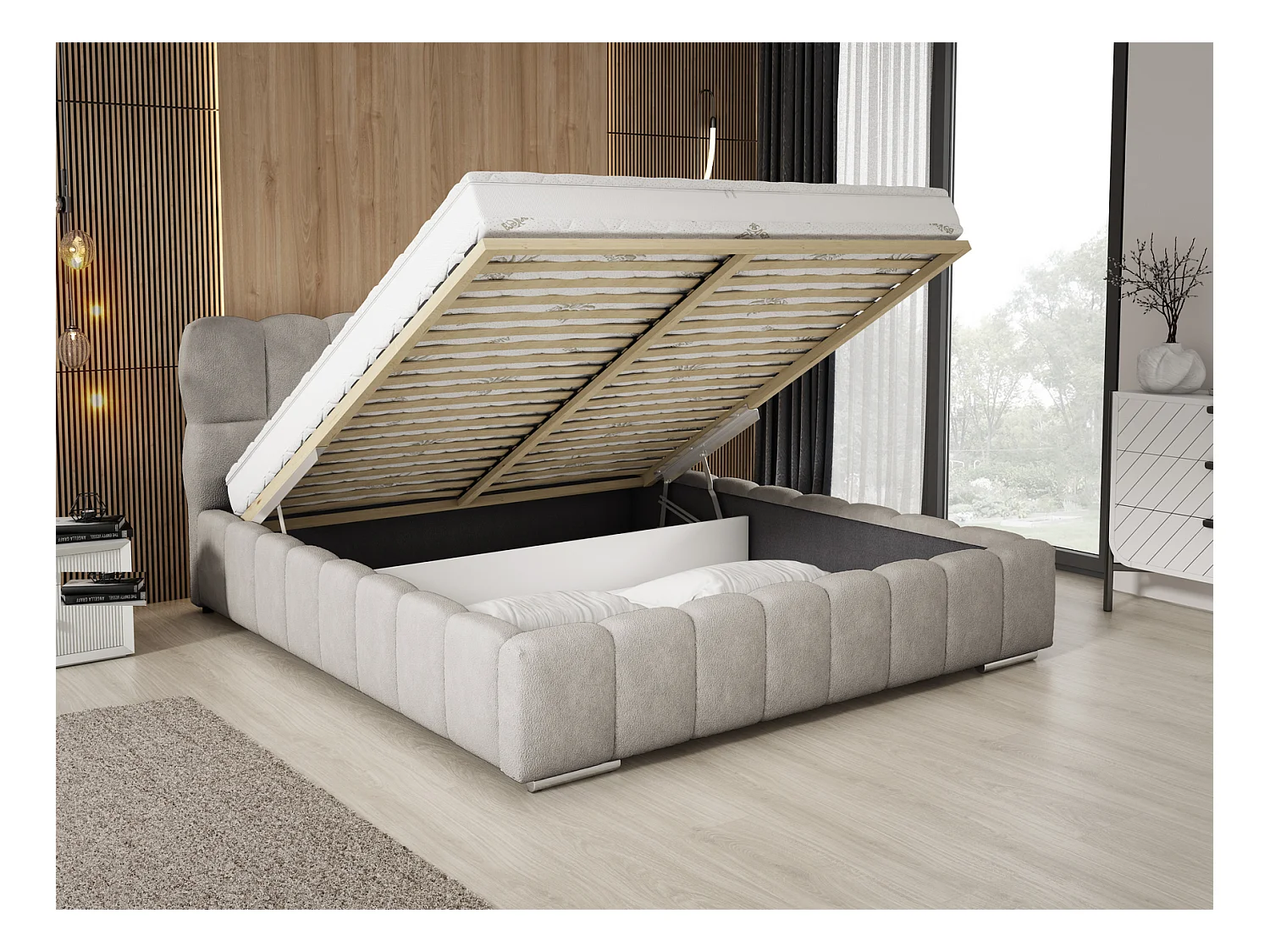 Emporius Avilla lit bouclé 140x200 avec sommier à Lattes, avec rangement - lit rembourré 140 x 200, lit Gris clair (Anthology 15)