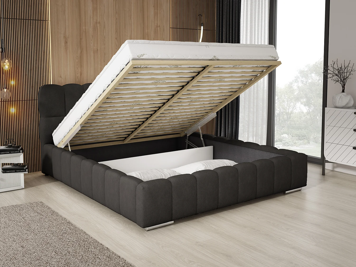 Emporius Avilla lit bouclé 140x200 avec sommier à Lattes, avec rangement - lit rembourré 140 x 200, lit Noir (Anthology 19)