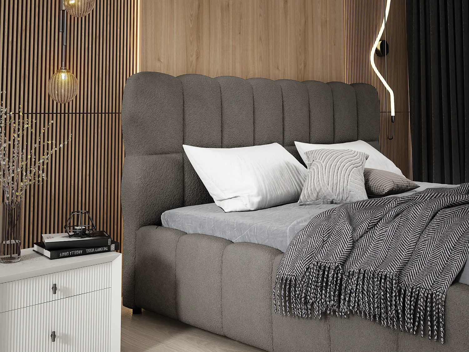 Emporius Avilla Polsterbett 160x200 - Doppelbett mit Bettkasten, Lattenrost, Kopfteil - Bett Bouclé Dunkelgrau (Anthology 18)