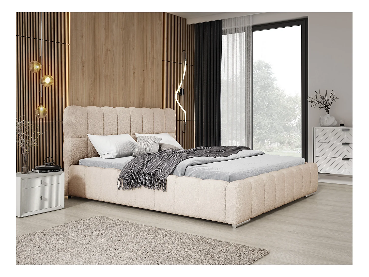 Emporius Avilla lit bouclé 180x200 avec sommier à Lattes, avec rangement - lit rembourré 180 x 200, lit Beige (Anthology 2)