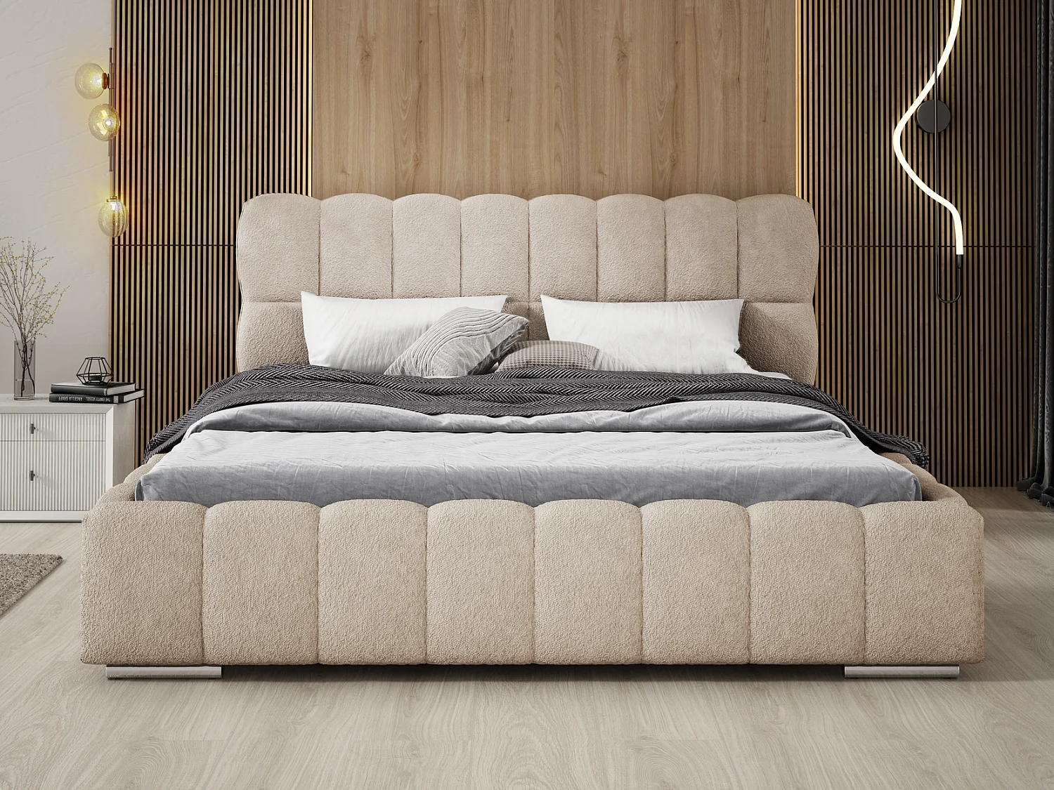 Emporius Avilla Polsterbett 180x200 - Doppelbett mit Bettkasten, Lattenrost, Kopfteil - Bett Bouclé Beige (Anthology 2)