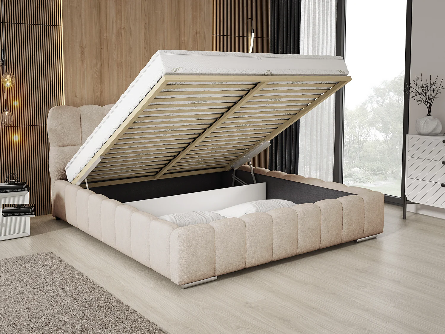Emporius Avilla lit bouclé 180x200 avec sommier à Lattes, avec rangement - lit rembourré 180 x 200, lit Beige (Anthology 2)