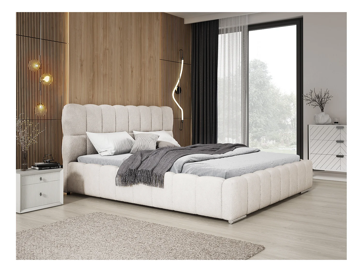 Emporius Avilla lit bouclé 180x200 avec sommier à Lattes, avec rangement - lit rembourré 180 x 200, lit Crème (Anthology 1)