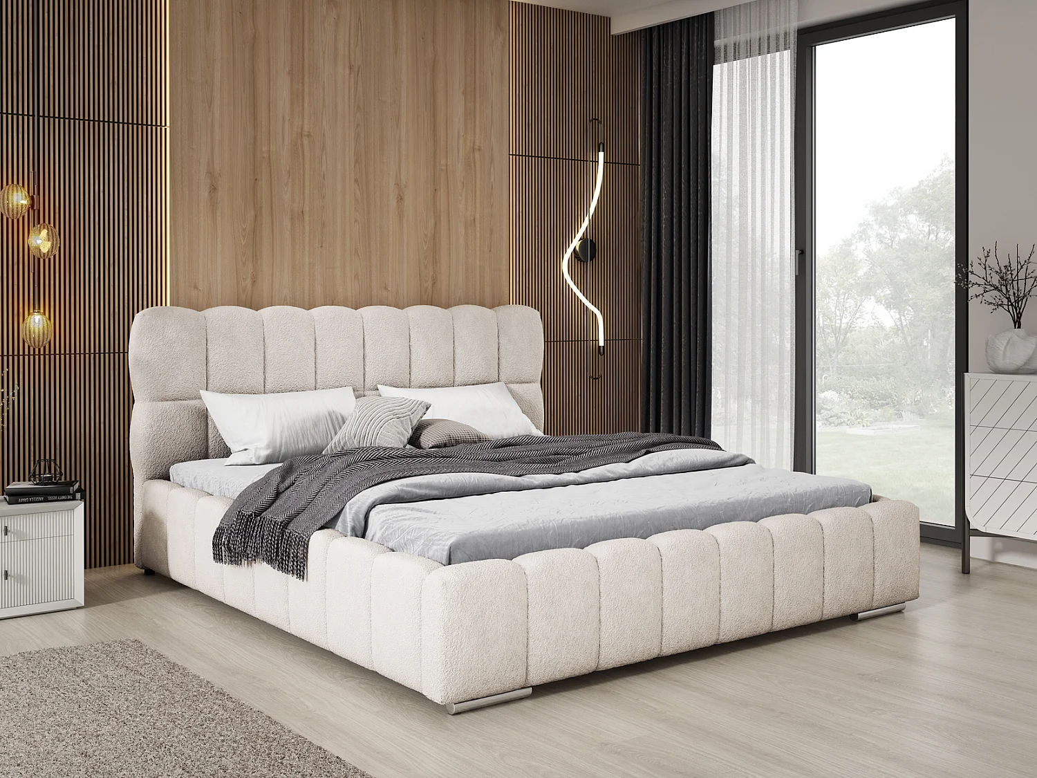 Emporius Avilla lit bouclé 180x200 avec sommier à Lattes, avec rangement - lit rembourré 180 x 200, lit Crème (Anthology 1)