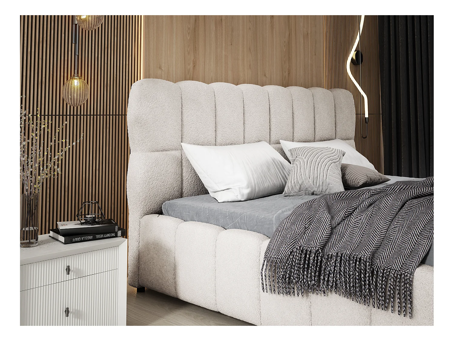 Emporius Avilla lit bouclé 140x200 avec sommier à Lattes, avec rangement - lit rembourré 140 x 200, lit Crème (Anthology 1)