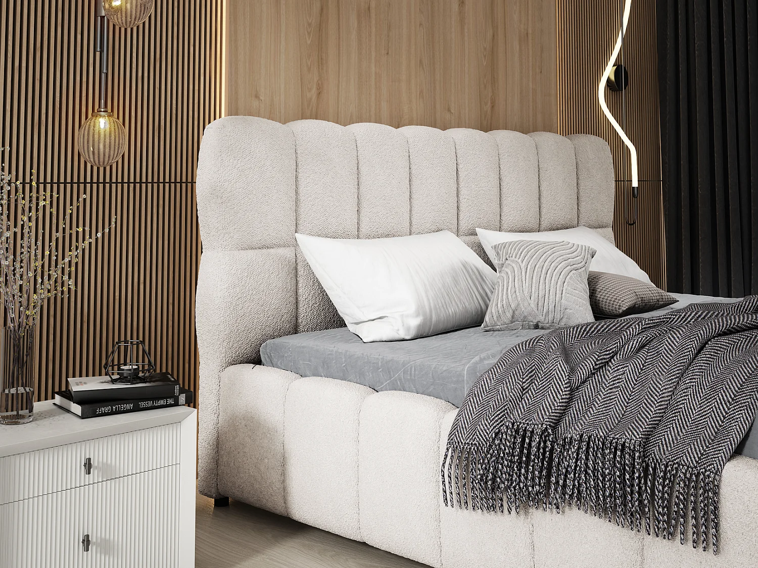 Emporius Avilla Polsterbett 140x200 - Doppelbett mit Bettkasten, Lattenrost, Kopfteil - Bett Bouclé Creme (Anthology 1)