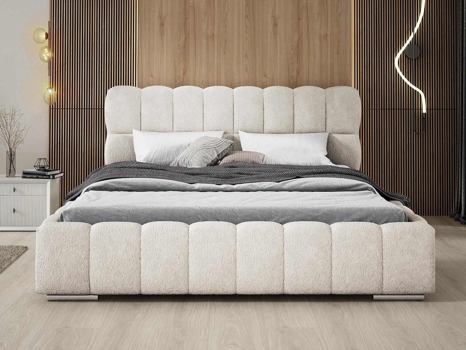 Emporius Avilla gestoffeerd bed bouclé 140 x 200 - tweepersoonsbed met opbergruimte, bed met bedlade - Crème (Anthology 1)