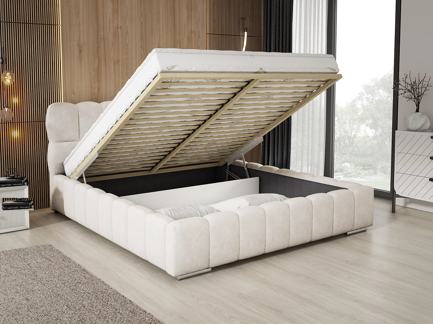 Emporius Avilla gestoffeerd bed bouclé 140 x 200 - tweepersoonsbed met opbergruimte, bed met bedlade - Crème (Anthology 1)