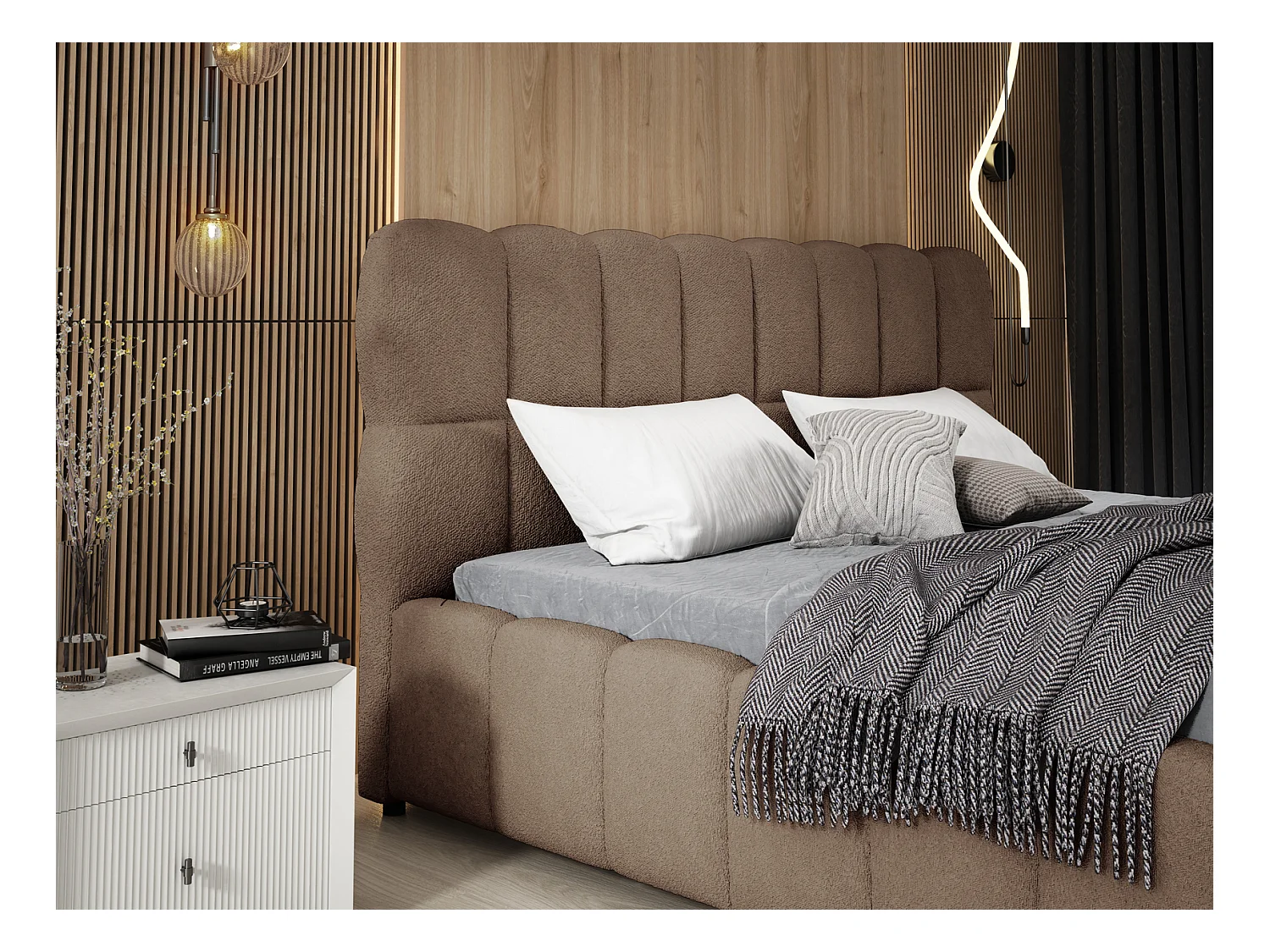 Emporius Avilla lit bouclé 160x200 avec sommier à Lattes, avec rangement - lit rembourré 160 x 200, lit Brun (Anthology 5)