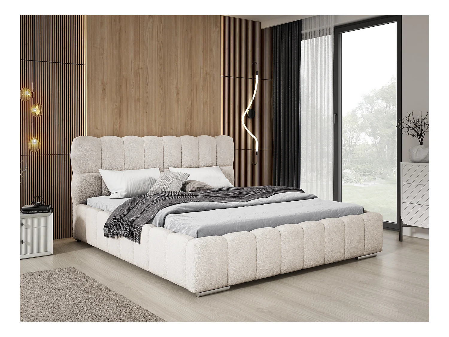 Emporius Avilla lit bouclé 160x200 avec sommier à Lattes, avec rangement - lit rembourré 160 x 200, lit Crème (Anthology 1)