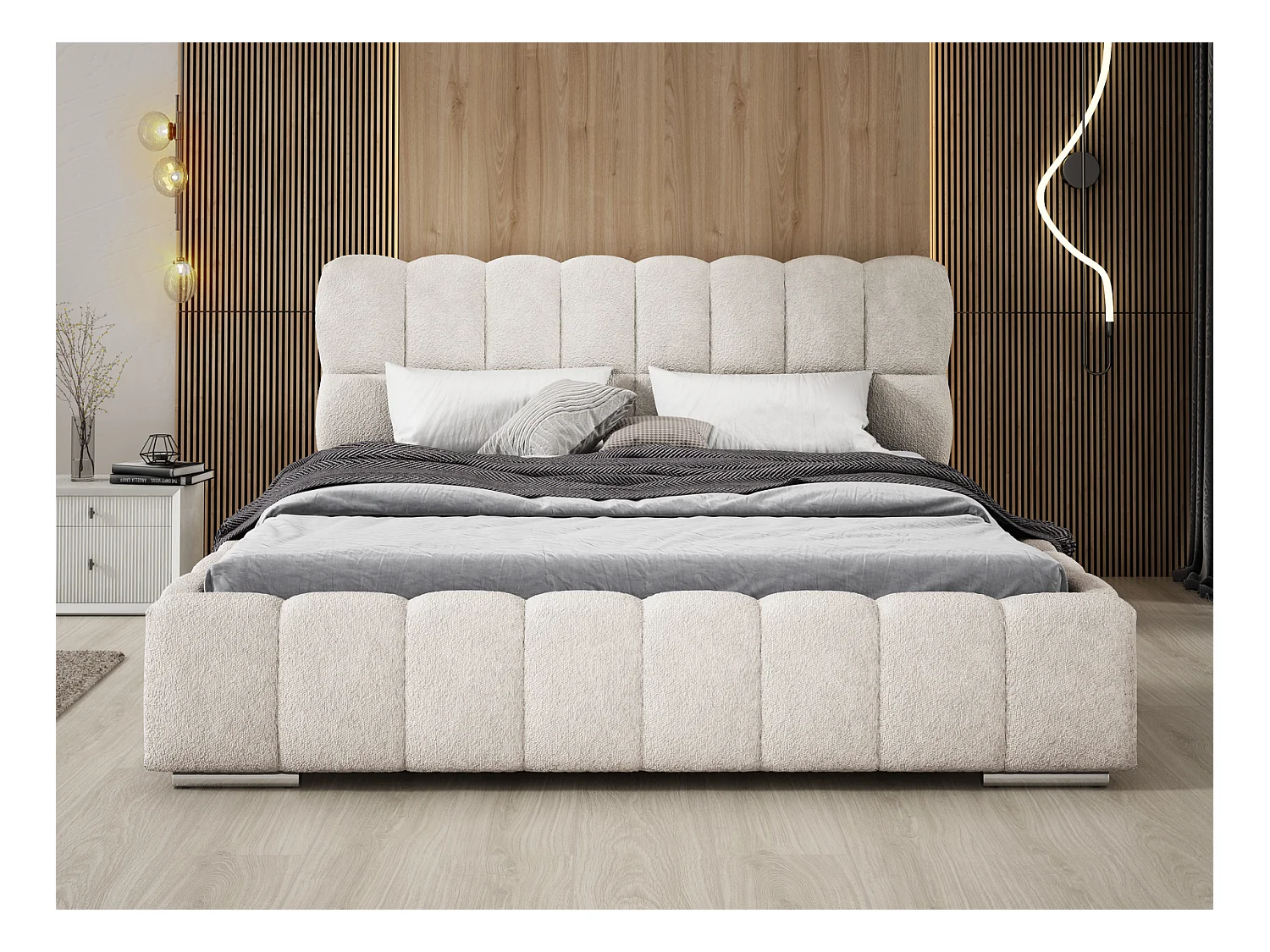 Emporius Avilla lit bouclé 160x200 avec sommier à Lattes, avec rangement - lit rembourré 160 x 200, lit Crème (Anthology 1)