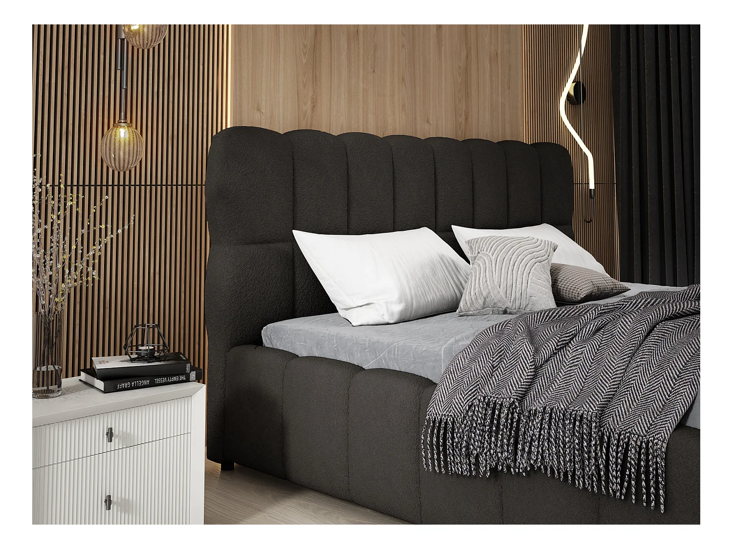 Emporius Avilla lit bouclé 200x200 avec sommier à Lattes, avec rangement - lit rembourré 200 x 200, lit Noir (Anthology 19)