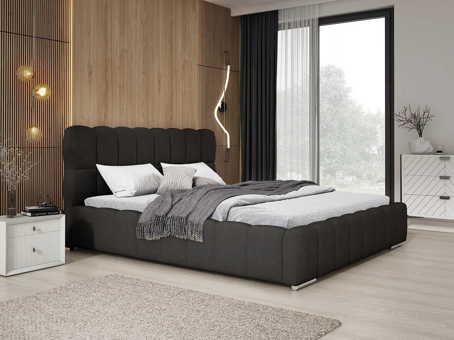 Emporius Avilla Polsterbett 200x200 - Doppelbett mit Bettkasten, Lattenrost, Kopfteil - Bett Bouclé Schwarz (Anthology 19)