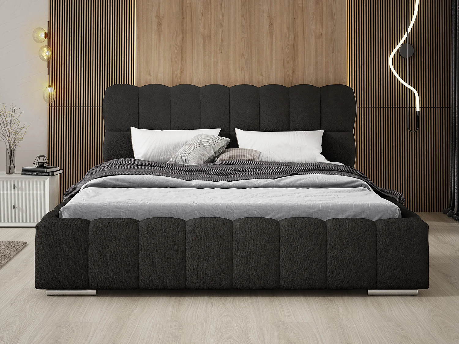 Emporius Avilla gestoffeerd bed bouclé 180 x 200 - tweepersoonsbed met opbergruimte, bed met bedlade - Zwart (Anthology 19)