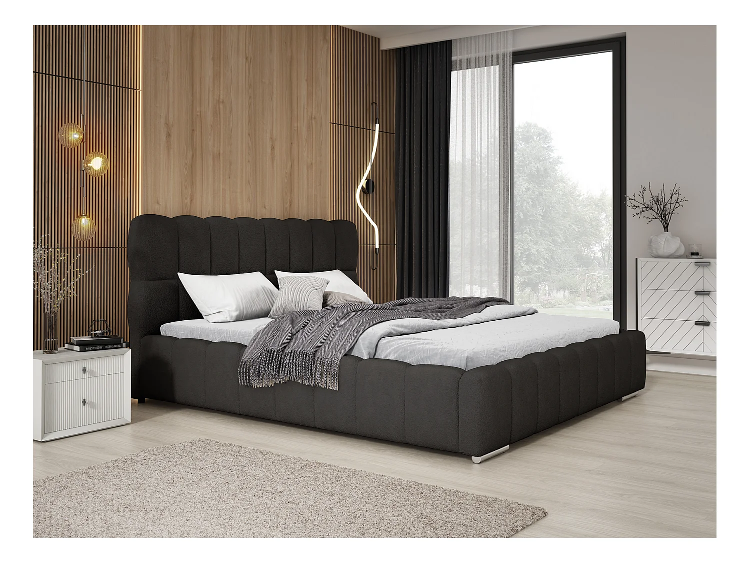 Emporius Avilla lit bouclé 180x200 avec sommier à Lattes, avec rangement - lit rembourré 180 x 200, lit Noir (Anthology 19)