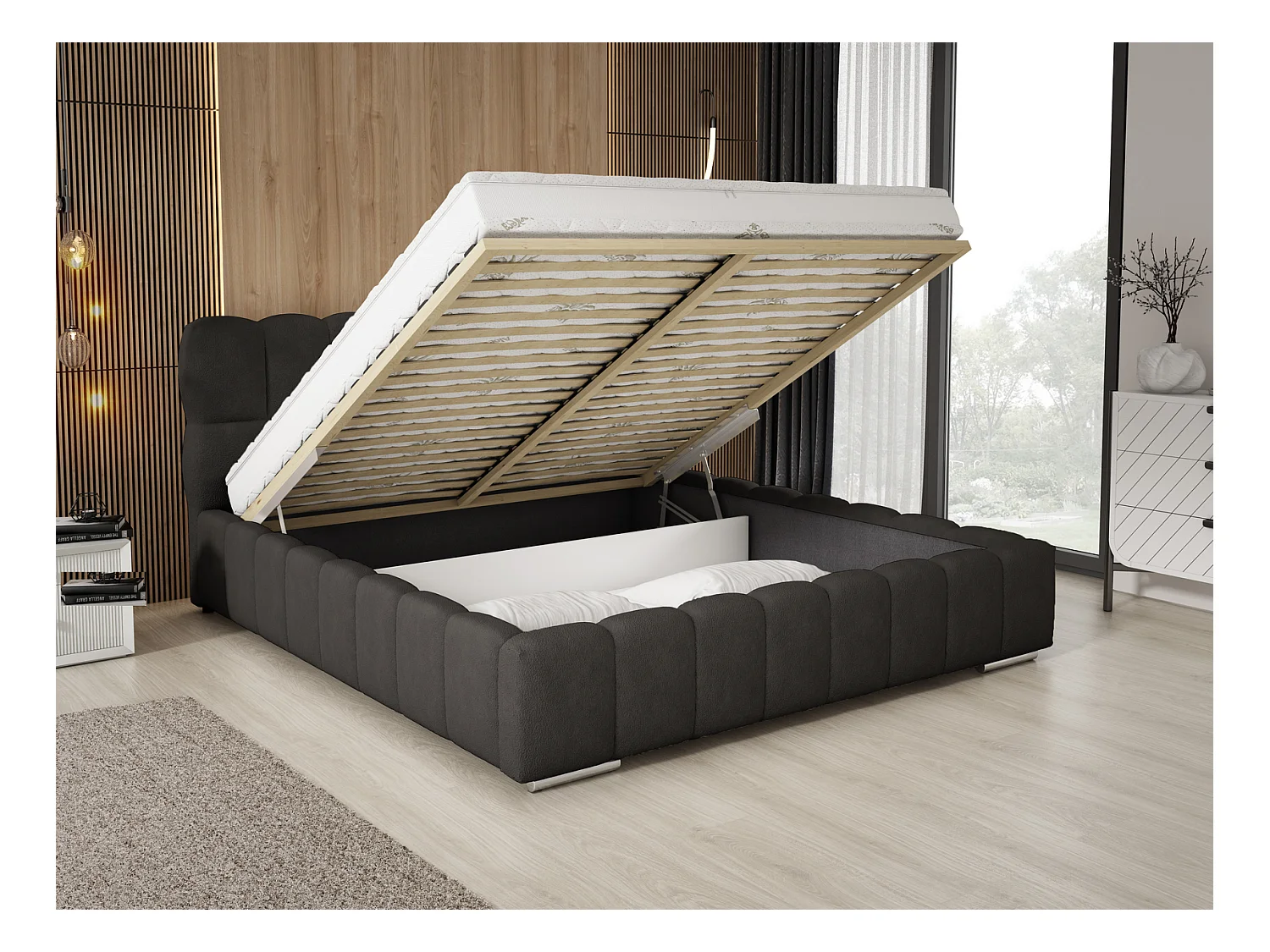 Emporius Avilla lit bouclé 180x200 avec sommier à Lattes, avec rangement - lit rembourré 180 x 200, lit Noir (Anthology 19)