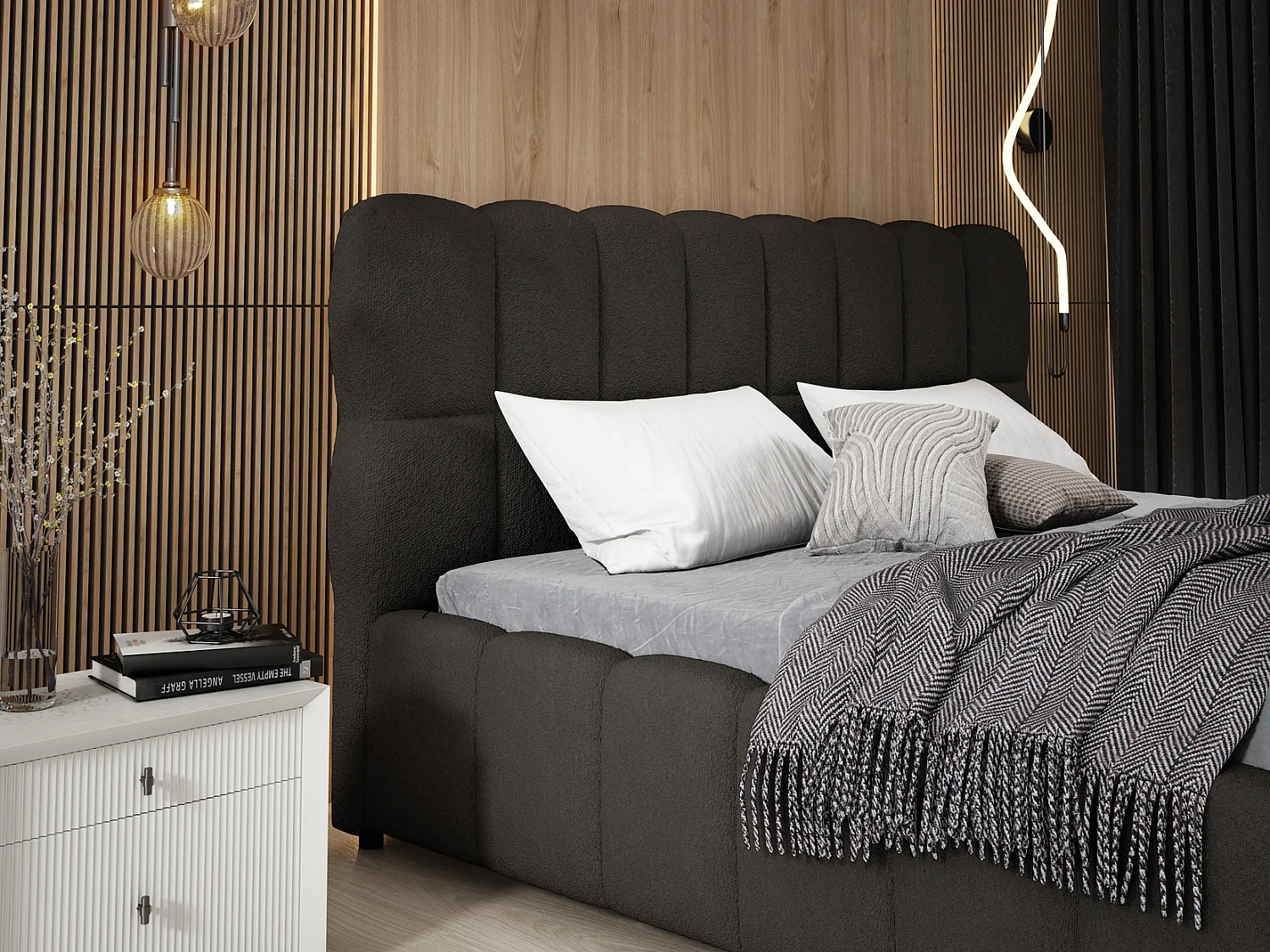 Emporius Avilla Polsterbett 180x200 - Doppelbett mit Bettkasten, Lattenrost, Kopfteil - Bett Bouclé Schwarz (Anthology 19)