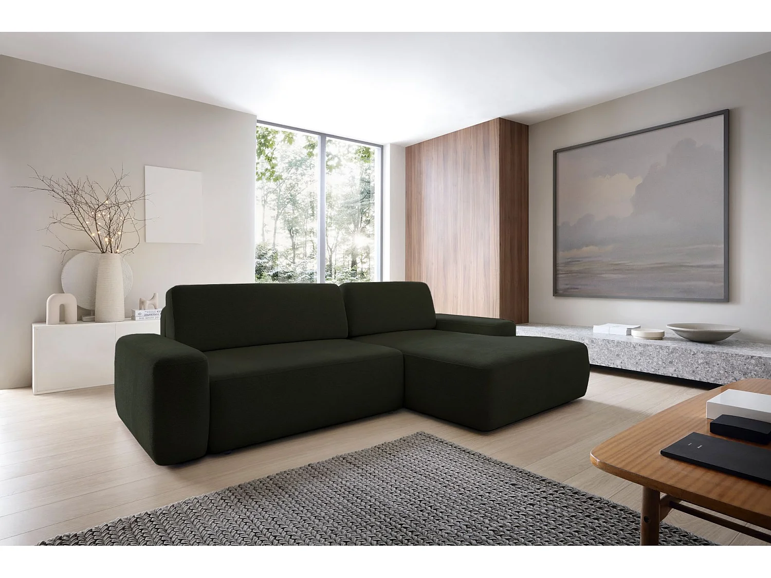 Hoekbank - olijfgroen chenille - rechterzijde - BALEO