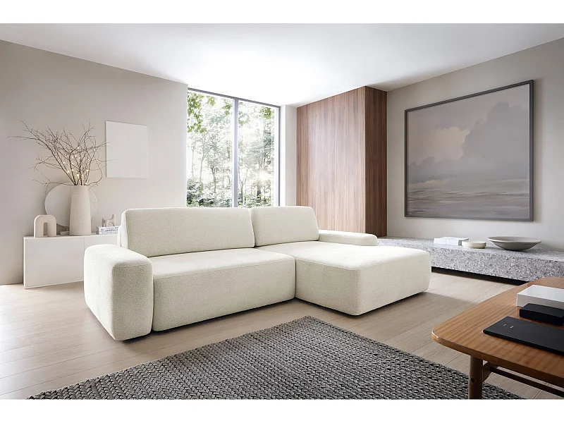 Ecksofa mit Schlaffunktion - Chenille-Bezug - creme - rechtsseitig - BALEO