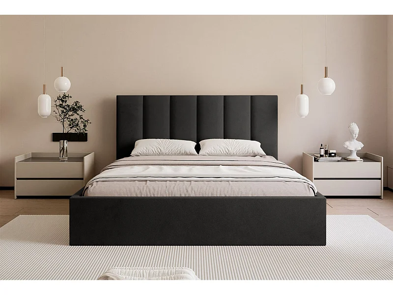 Lit coffre - 160x200 cm - en tissu velours gris foncé - MASEGO