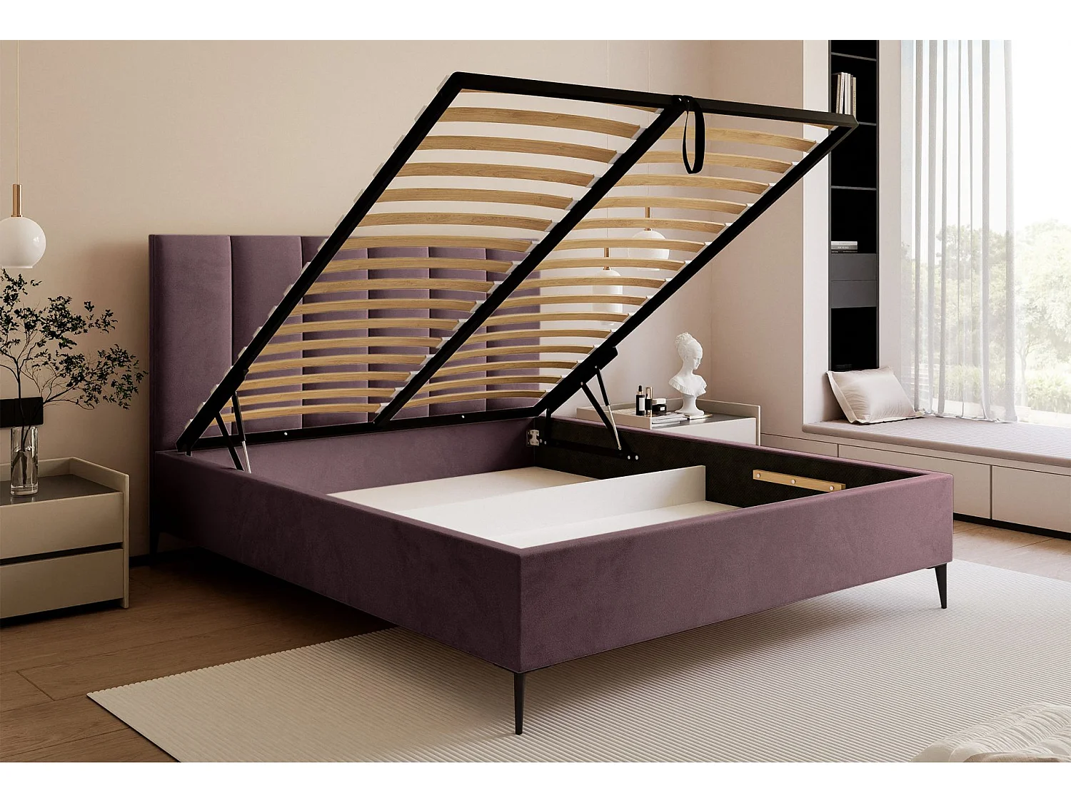 Lit coffre avec pieds - 140x200 cm - en tissu velours violet - MASEGO