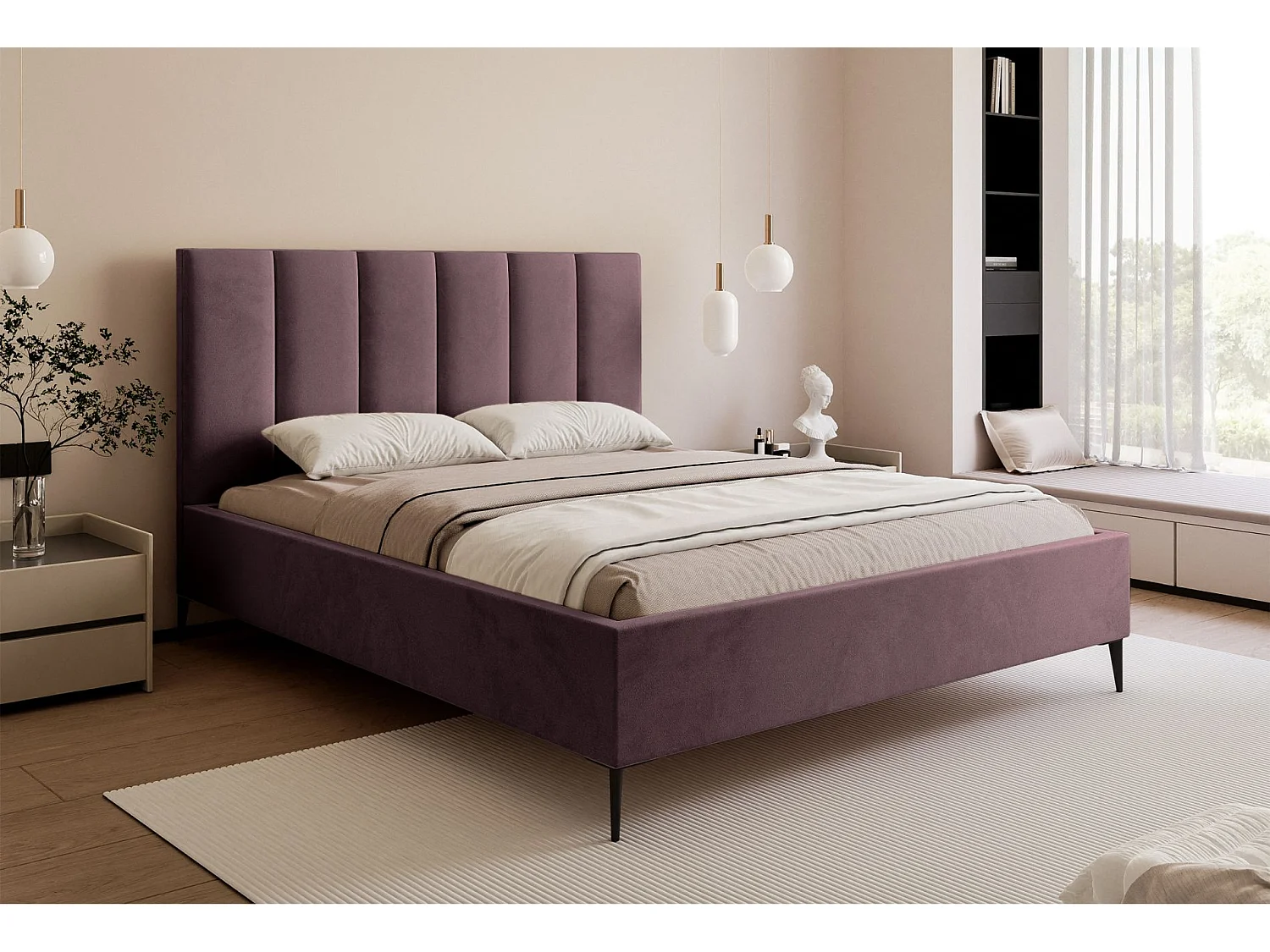 Lit coffre avec pieds - 140x200 cm - en tissu velours violet - MASEGO