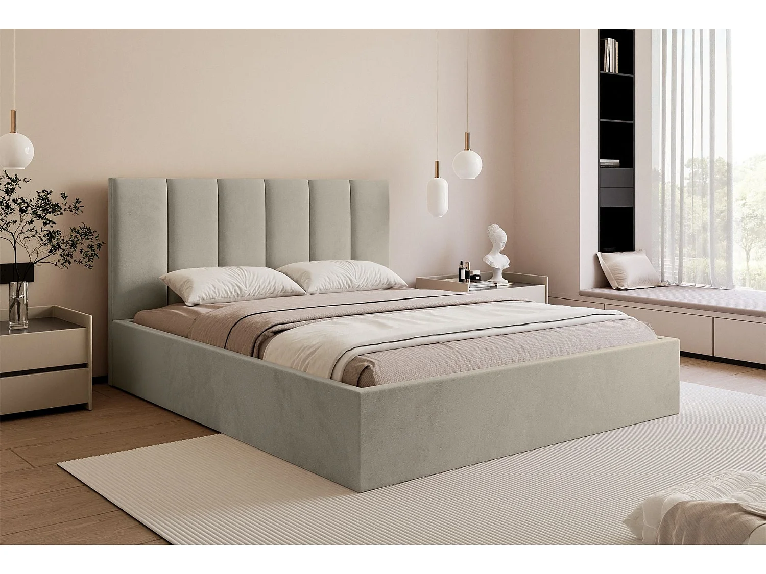 Lit coffre - 160x200 cm - en tissu velours beige clair - MASEGO