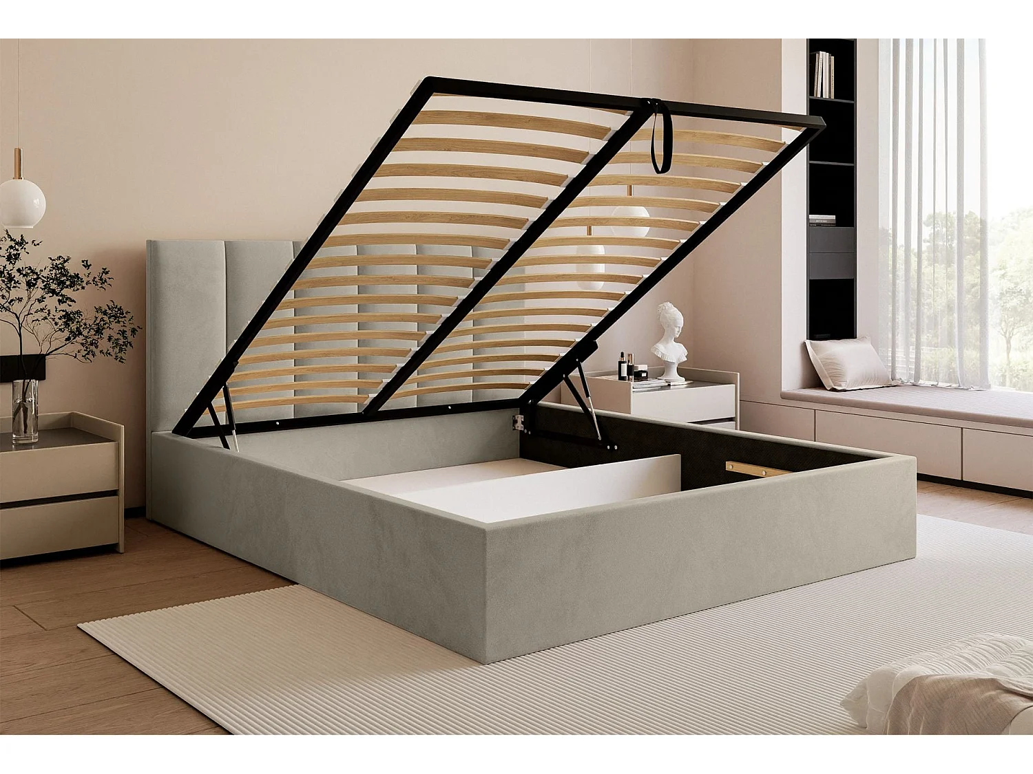 Lit coffre - 160x200 cm - en tissu velours beige clair - MASEGO
