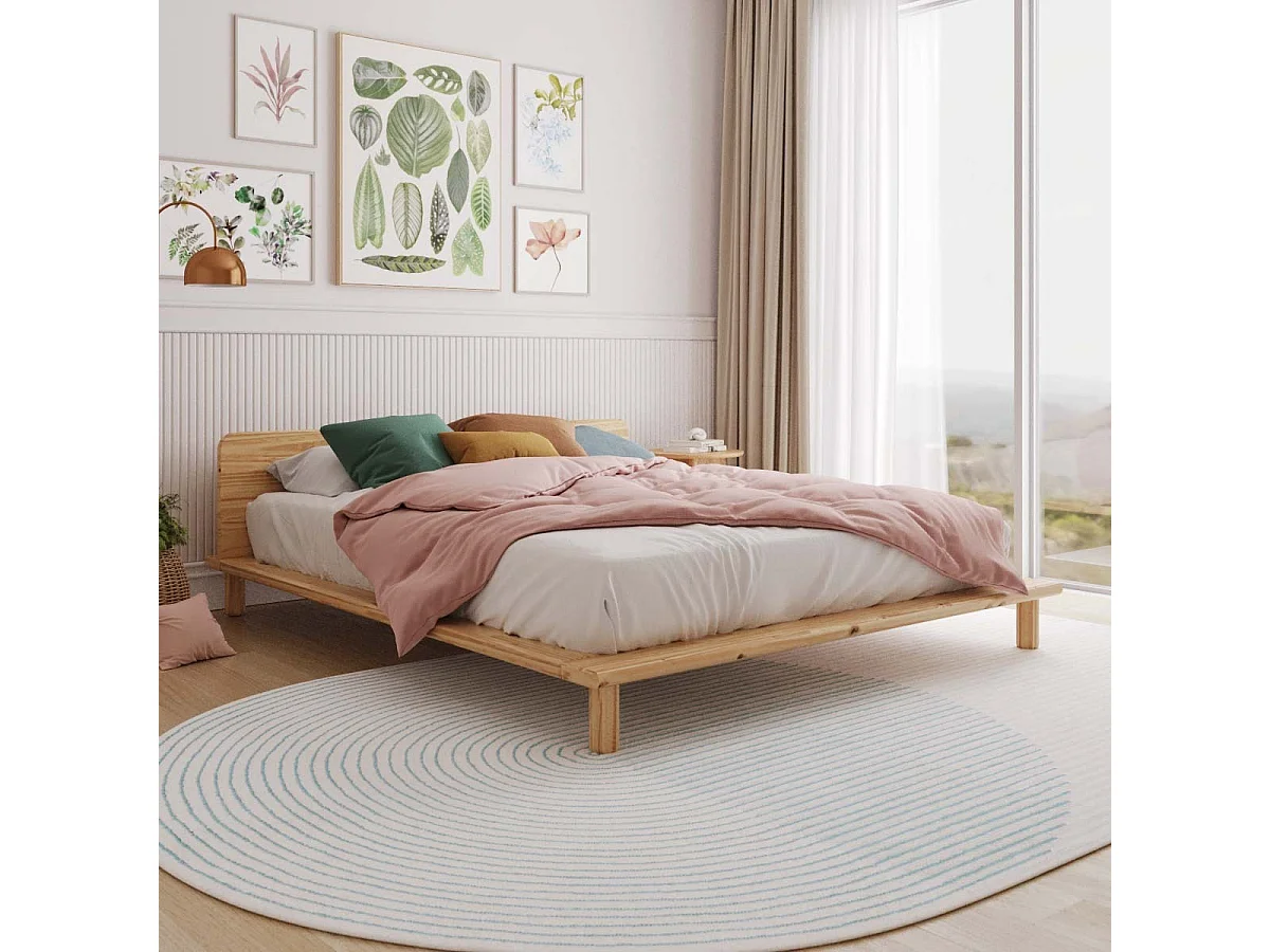 Lit 2 places avec tête de lit 160x200 cm bois massif bois naturel PAOLO