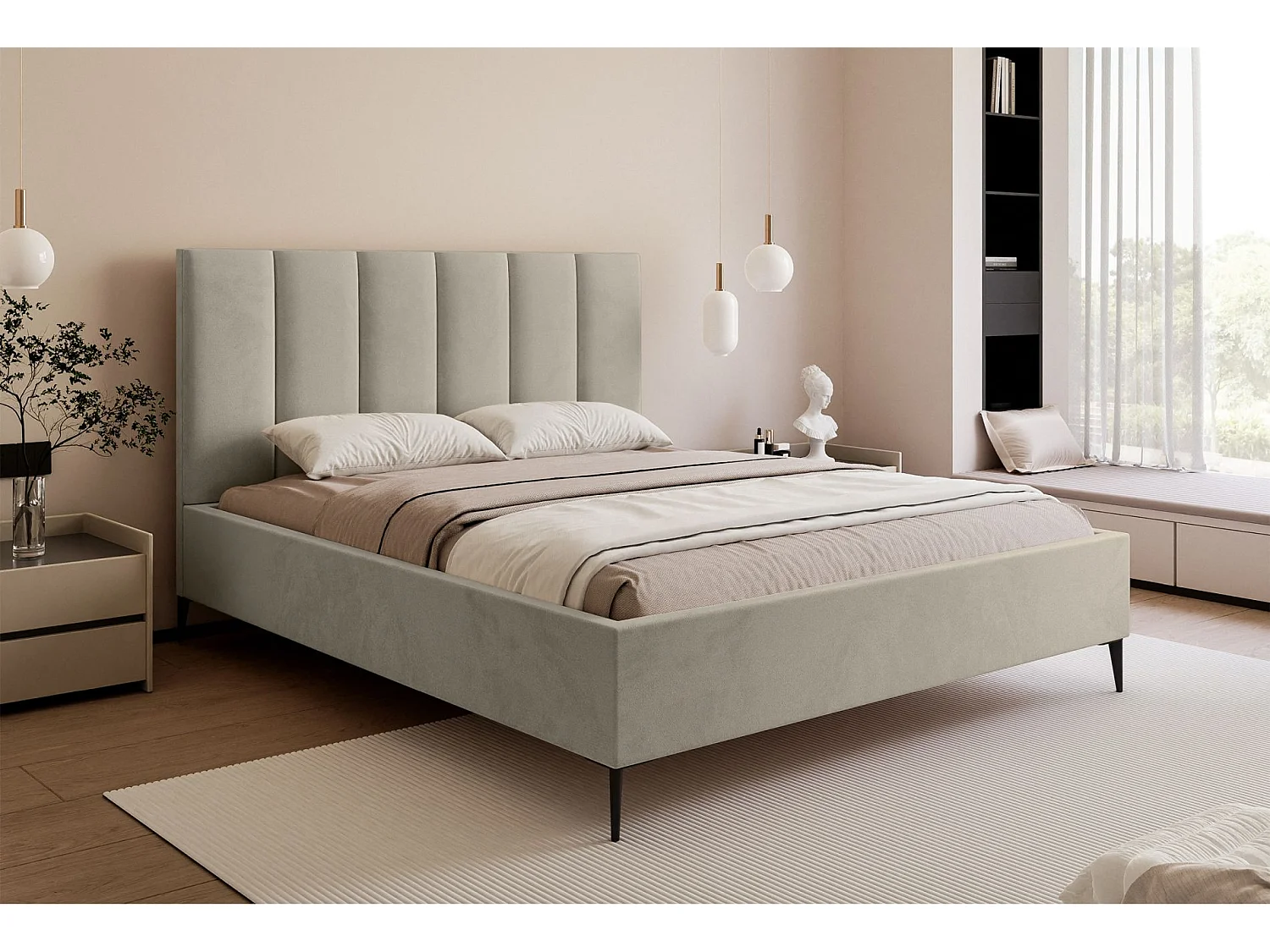 Lit coffre avec pieds - 180x200 cm - en tissu velours beige clair - MASEGO