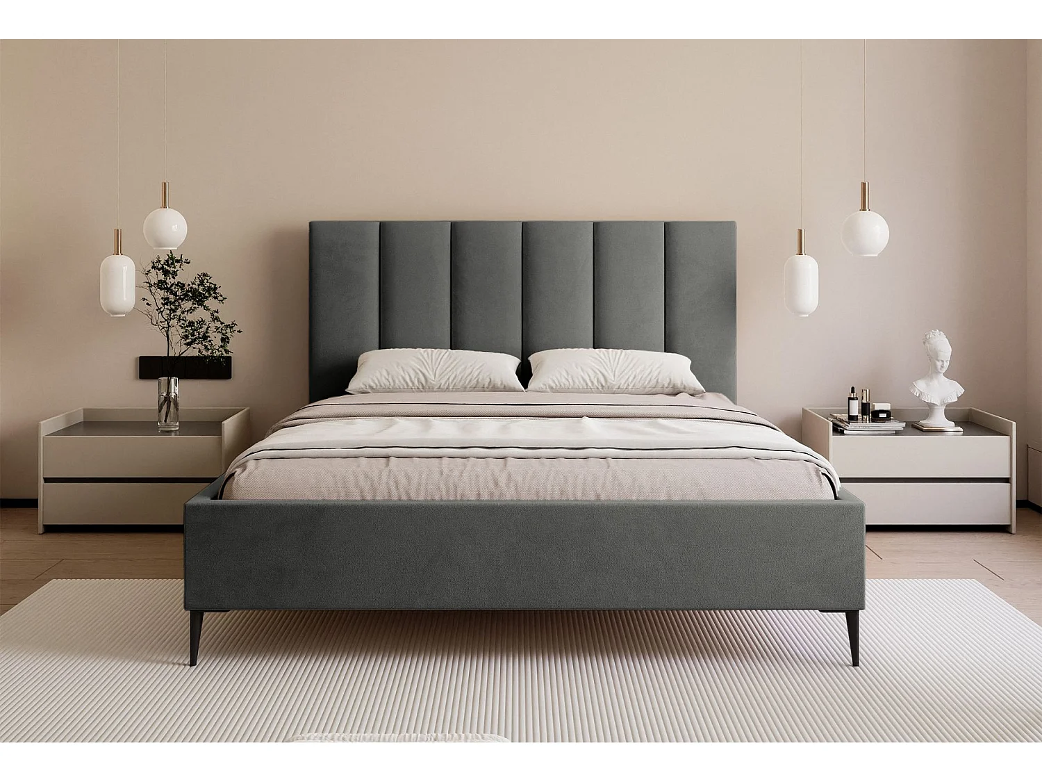 Lit coffre avec pieds - 180x200 cm - en tissu velours gris - MASEGO