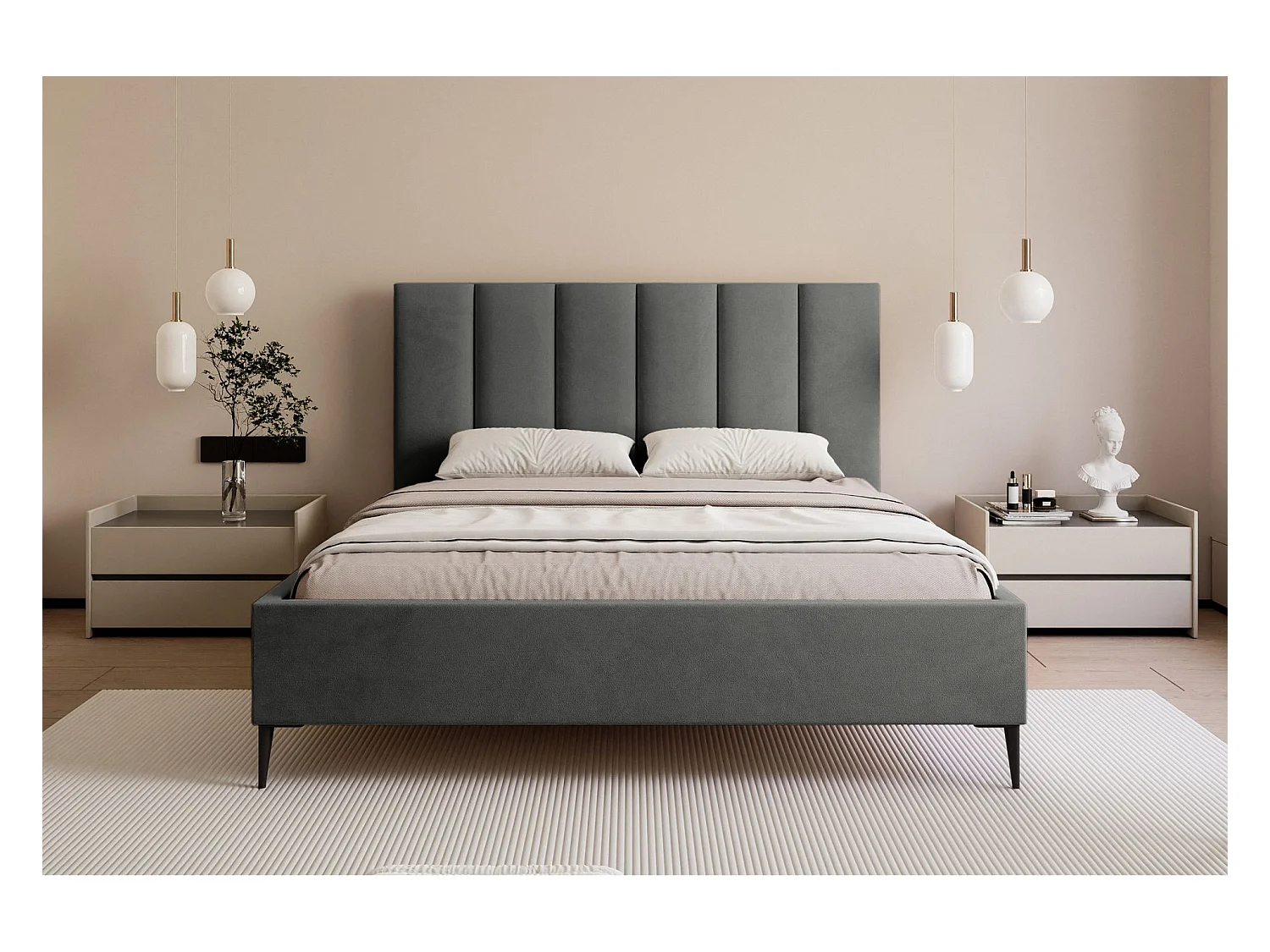 Lit coffre avec pieds - 180x200 cm - en tissu velours gris - MASEGO
