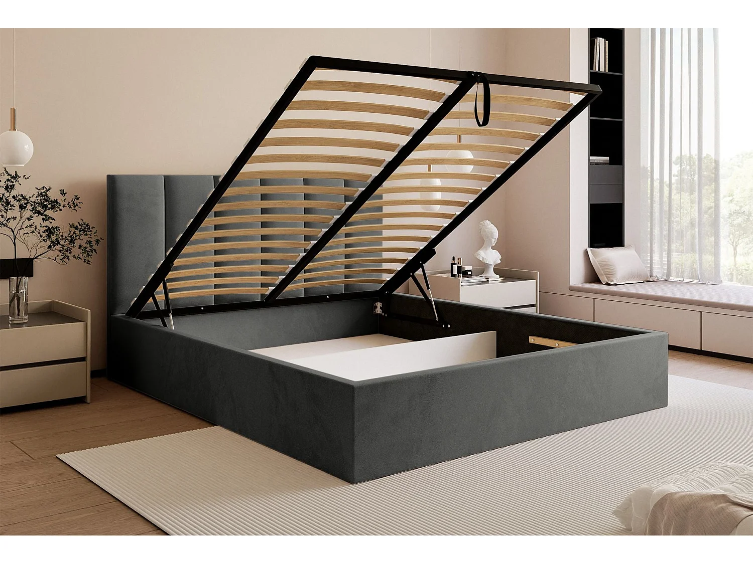 Lit coffre - 140x200 cm - en tissu velours gris - MASEGO