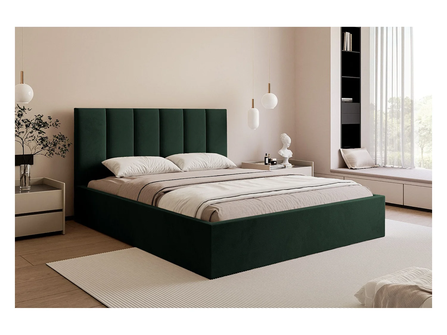 Lit coffre - 160x200 cm - en tissu velours vert foncé - MASEGO
