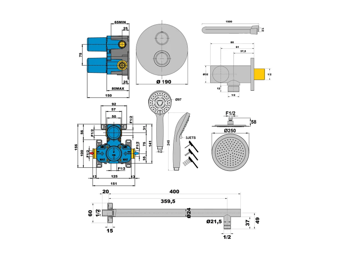 Colonne de douche encastrée ronde PAINI Ruby Noir Mat