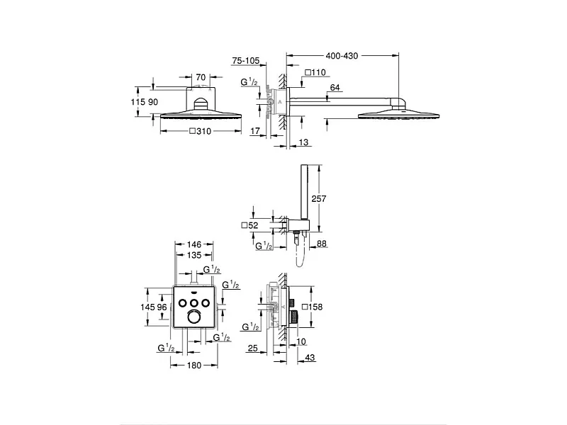 Columna de ducha empotrada termostática GROHE Grotherm SmartControl con teleducha cromada Euphoria Cube