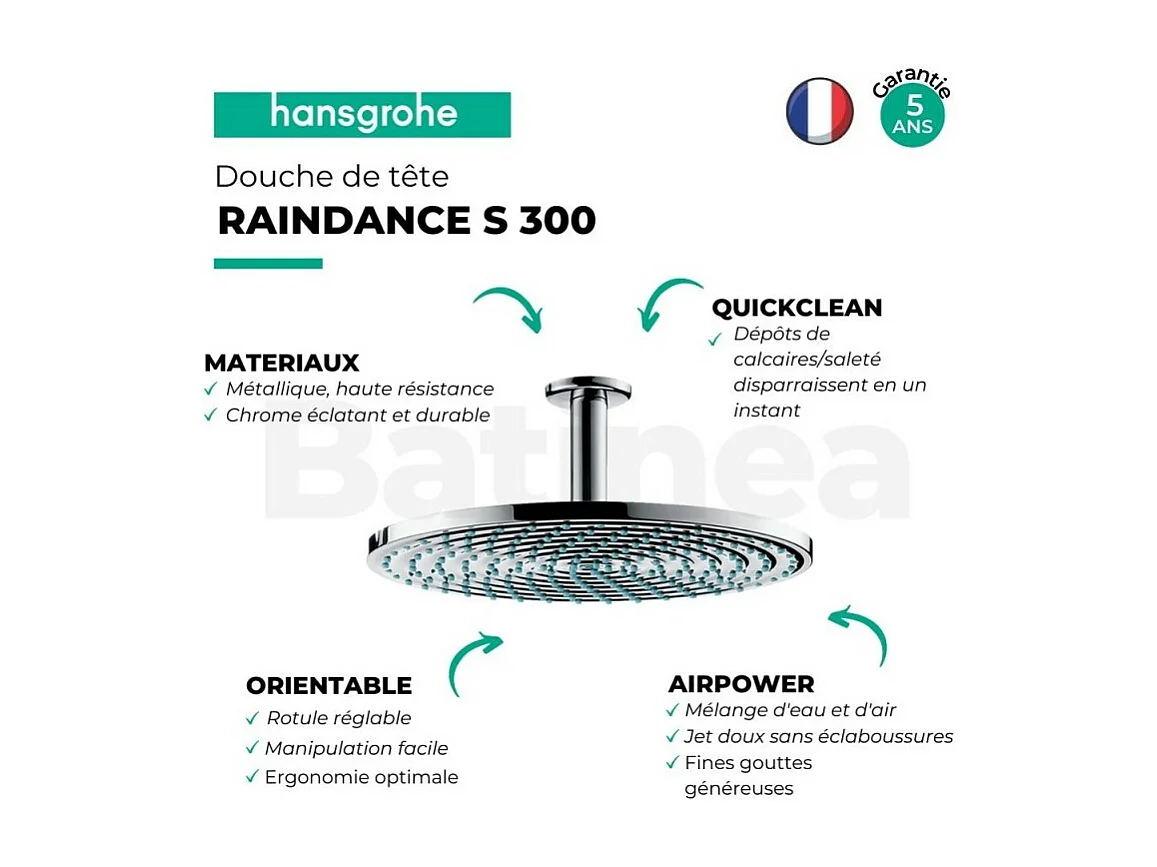 HANSGROHE Douche de tête Raindance S 300 1 jet avec raccord plafond chromé