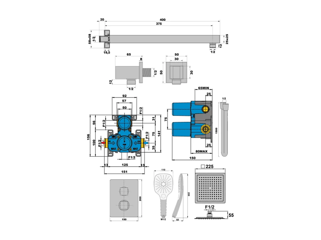 Colonne de douche encastrée carré PAINI Ruby Noir Mat