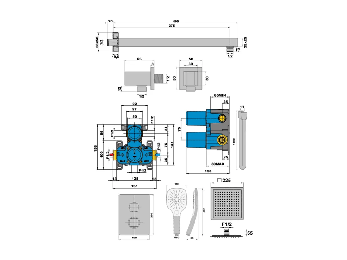 Colonne de douche encastrée carré PAINI Ruby Noir Mat
