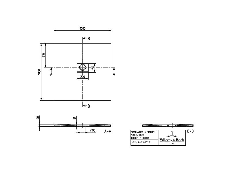 Receveur antidérapant 100 x 100 VILLEROY ET BOCH Squaro Infinity quaryl carré gris