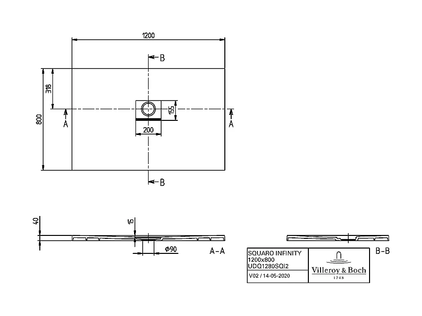 Receveur antidérapant 120 x 80 VILLEROY ET BOCH Squaro Infinity quaryl rectangle gris