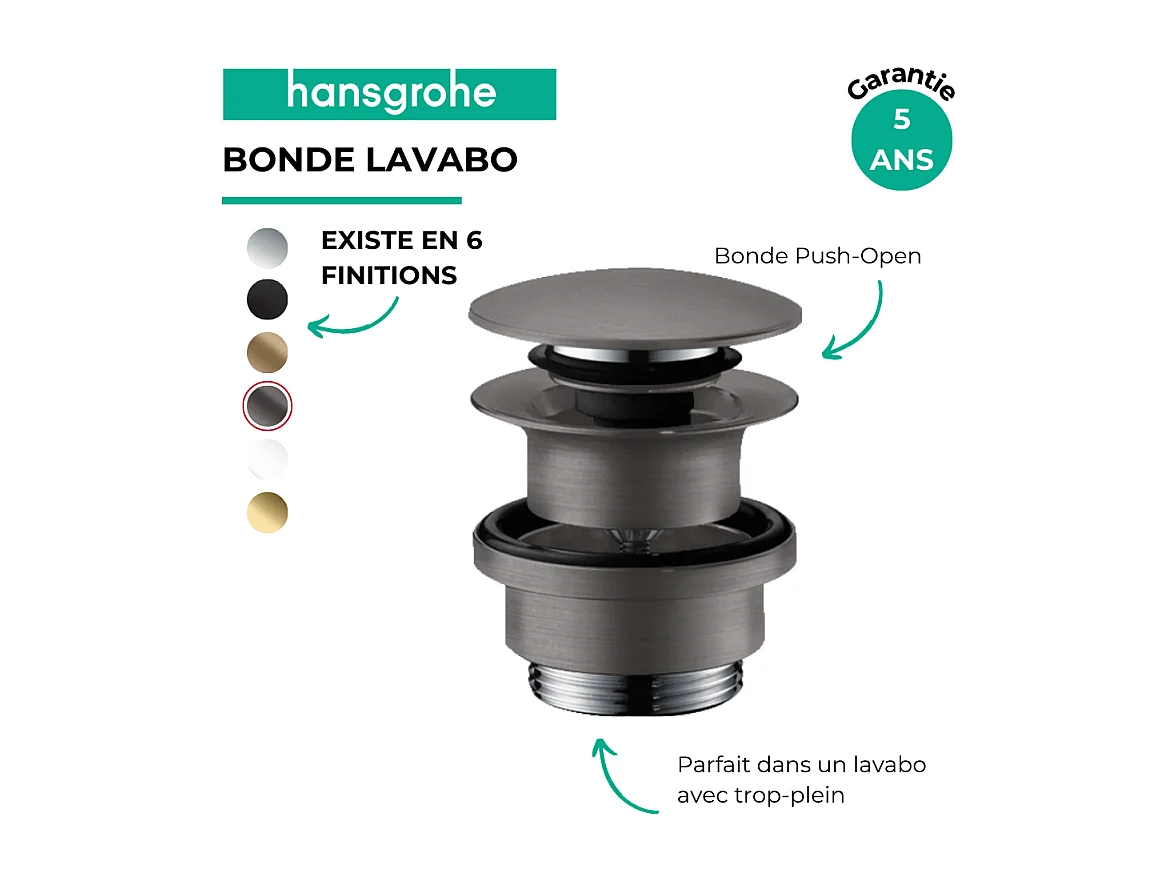 Bonde lavabo Push-open HANSGROHE noir chromé brossé
