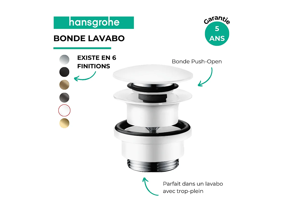 Bonde lavabo Push-open HANSGROHE blanc mat