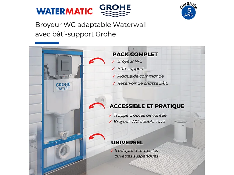 Broyeur WC adaptable WATERMATIC Waterwall avec bâti support GROHE