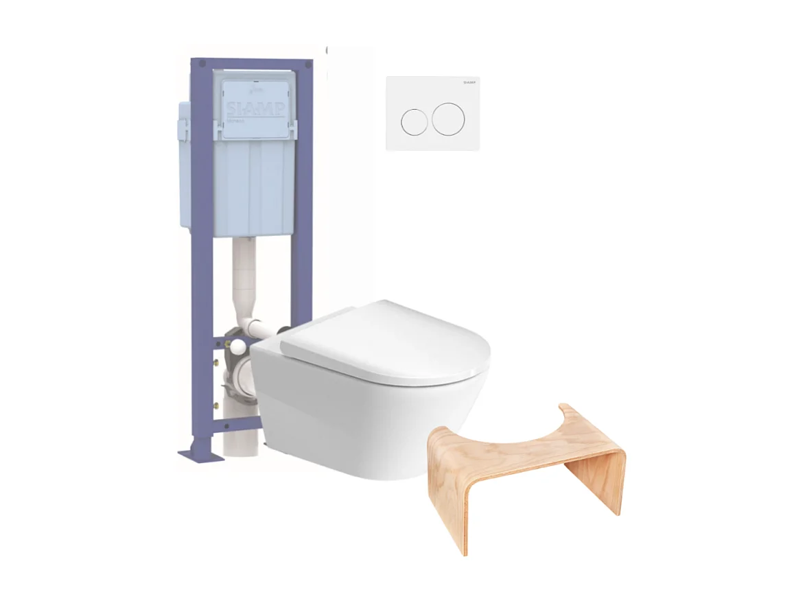 Pack WC suspendu sans bride DURAVIT D-Neo avec abattant frein de chute + bati support SIAMP + Plaque chromée + Tabouret