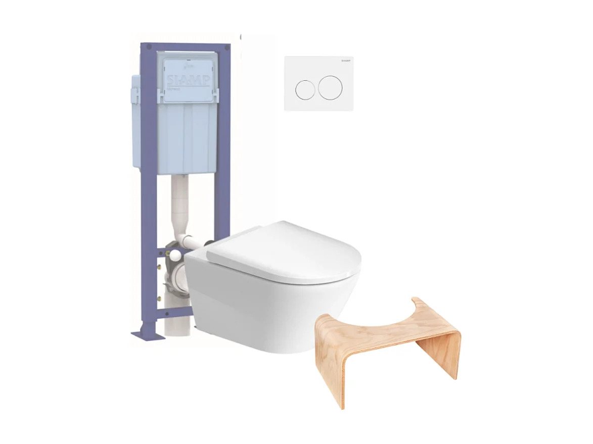 Pack WC suspendu sans bride DURAVIT D-Neo avec abattant frein de chute + bati support SIAMP + Plaque chromée + Tabouret en bois
