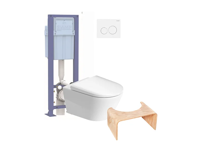 Pack WC suspendu sans bride DURAVIT D-Neo avec abattant frein de chute + bati support SIAMP + Plaque chromée + Tabouret en bois