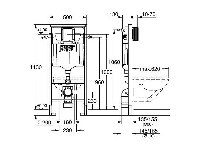 Bati support GROHE + plaque de commande wc suspendu GROHE Skate Air Blanche