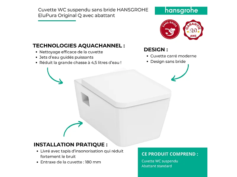 Cuvette WC suspendu sans bride HANSGROHE EluPura Original Q avec abattant